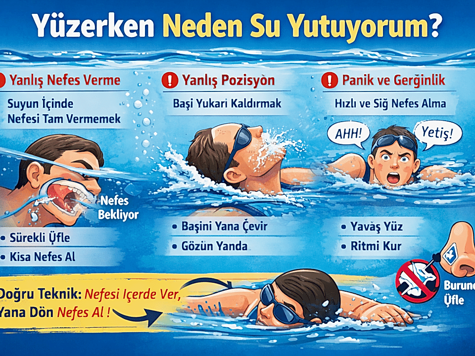 Beylikdüzü Stil Yüzme Spor Kulübü – yüzerken su yutma nedenleri ve doğru nefes tekniği (nefesi suda ver, yana dön nefes al) infografiği
