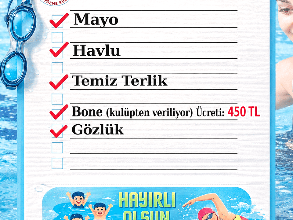 Yüzme dersine gelirken mayo, havlu, temiz terlik, bone ve yüzücü gözlüğü çantada hazır olmalıdır. Stil Yüzme Kulübü gerekli malzeme listesini velilerimiz için hazırladı.